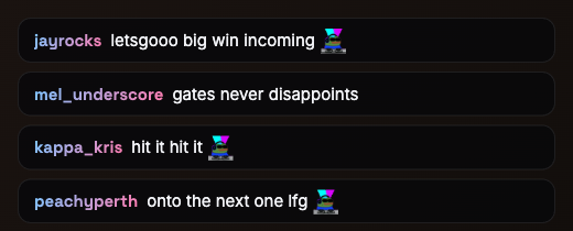 Live chat overlay composited on stream, showing real Kick emotes rendered inline in chat messages